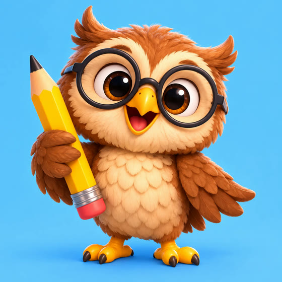 Lelê, a coruja mascote da Trilha Mirim, com um lápis amarelo